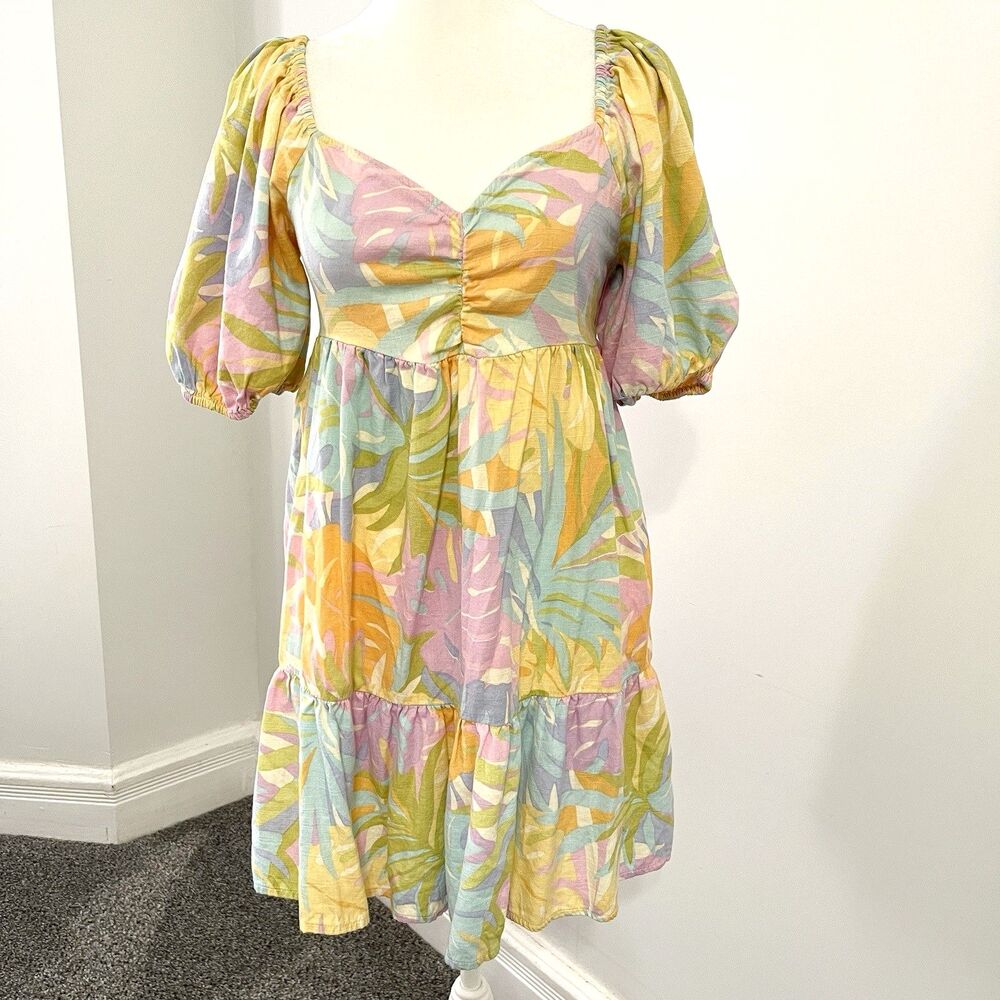 Billabong Be Mine Mini Dress Womens Medium Cotton Viscose Pastel Puff Sleeve - Picture 2 of 14